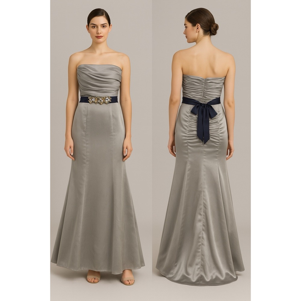 Silver Beaded Gown Sz 6 Y2K Ruched Bodice Evening Dress Formal Glam